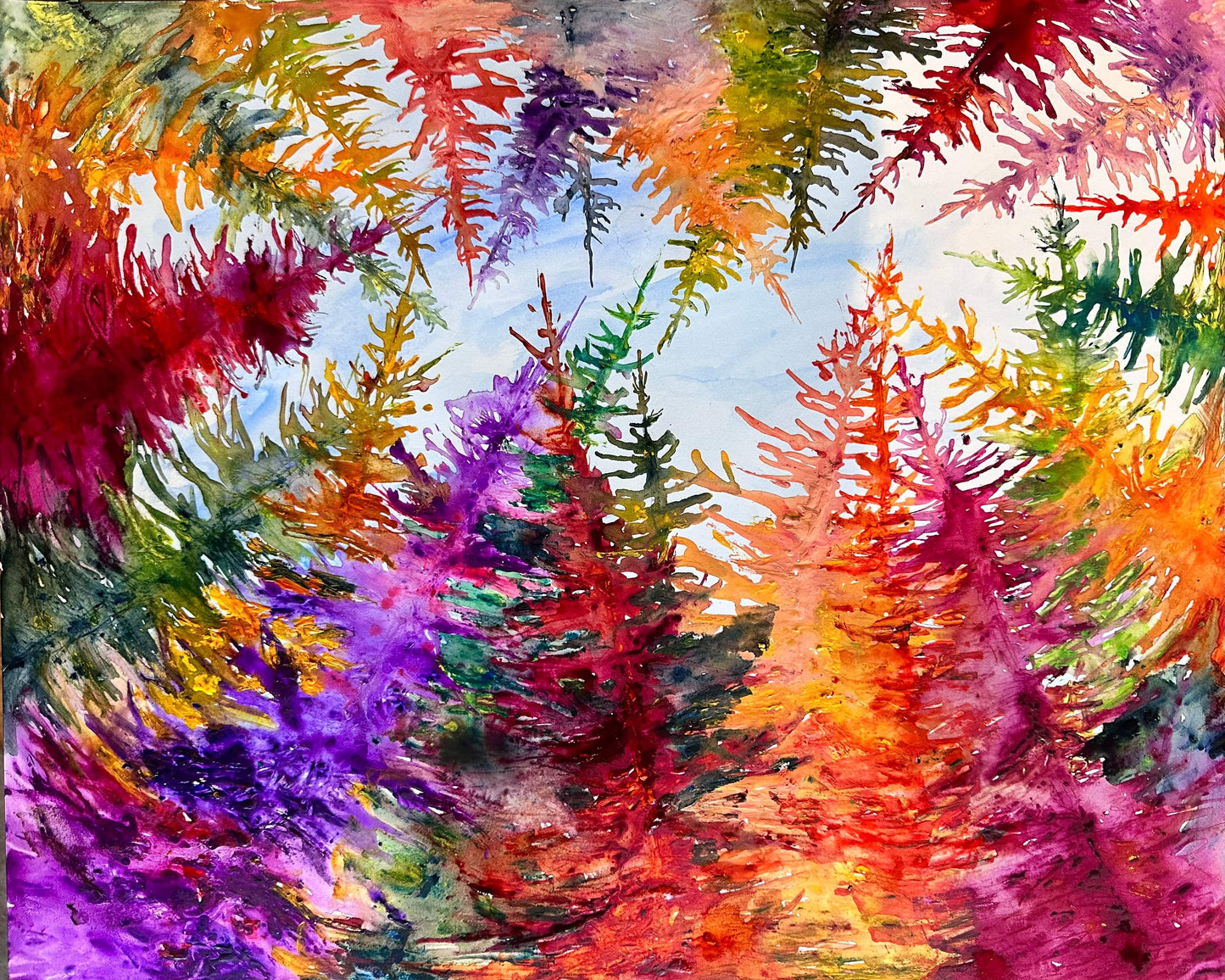 Romantic impressionist watercolor landscape Love Is In The Air by Maria-Victoria Checa — spiraling pines in magenta, red, and amber on Arches paper