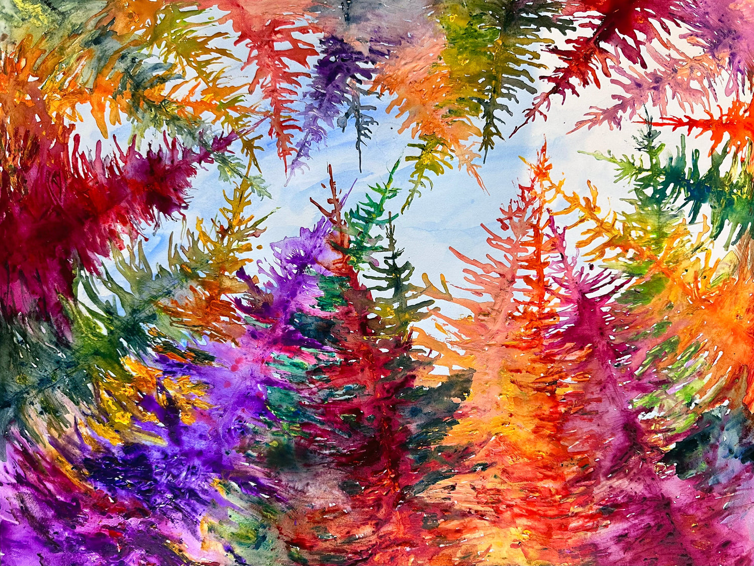 Love Is In the Air, a vibrant abstract watercolor painting by artist Maria-Victoria Checa, featuring colorful tree-like forms in red, purple, orange, green, and yellow surrounding a soft blue sky.