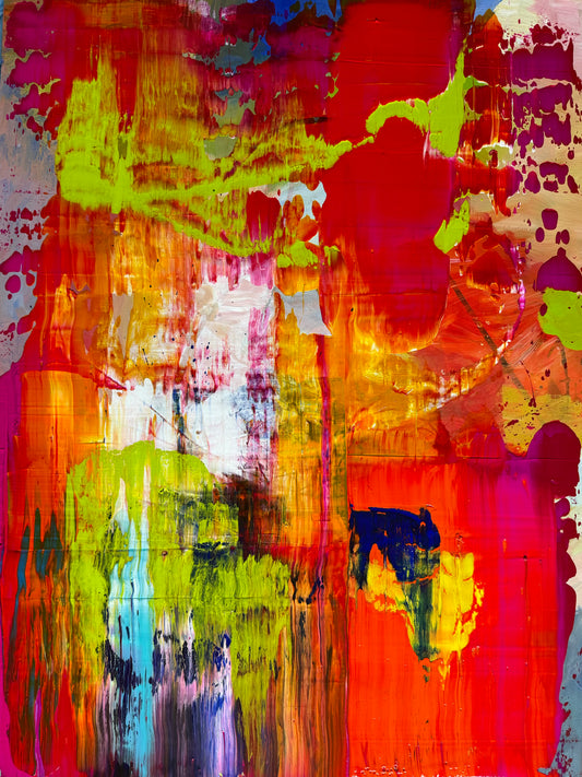 Large abstract painting in tones of reds, oranges and pinks with touches of green.