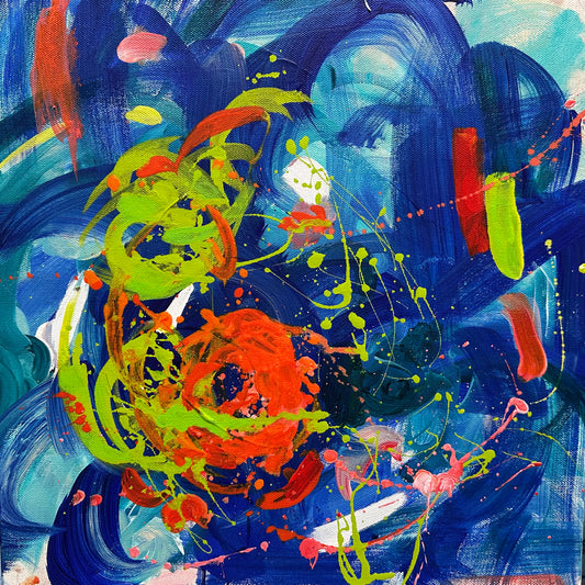 This vibrant 16” x 16” abstract acrylic painting bursts with playful energy through its dynamic blend of blues and oranges. Its lively composition invites you to explore a world of color and movement, perfect for adding a cheerful and artistic touch to any space.