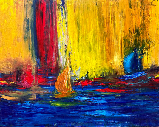 Abstract painting of boats at sea.