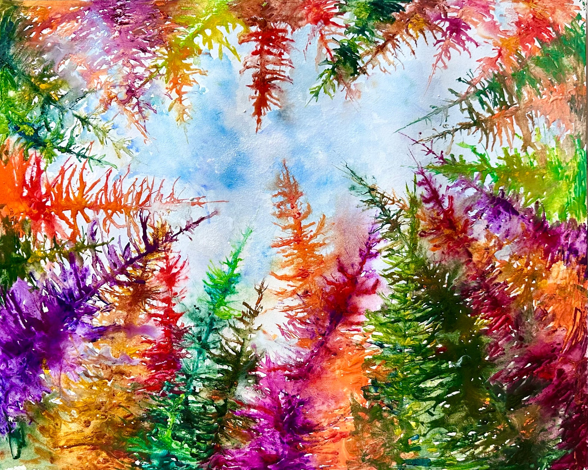 Impressionist watercolor painting on Arches paper representing the colorful tops of pine trees in the sky. 