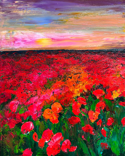 Abstract impressionist acrylic painting of a field of poppies at dusk, created by Checa Art on 10/20/2023 in Washington, DC.