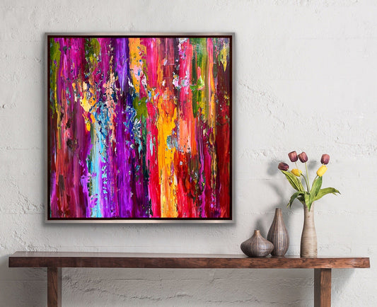 Fall Foliage abstract oil painting in silver frame on white wall above wood console, colorful autumn art by Maria-Victoria Checa