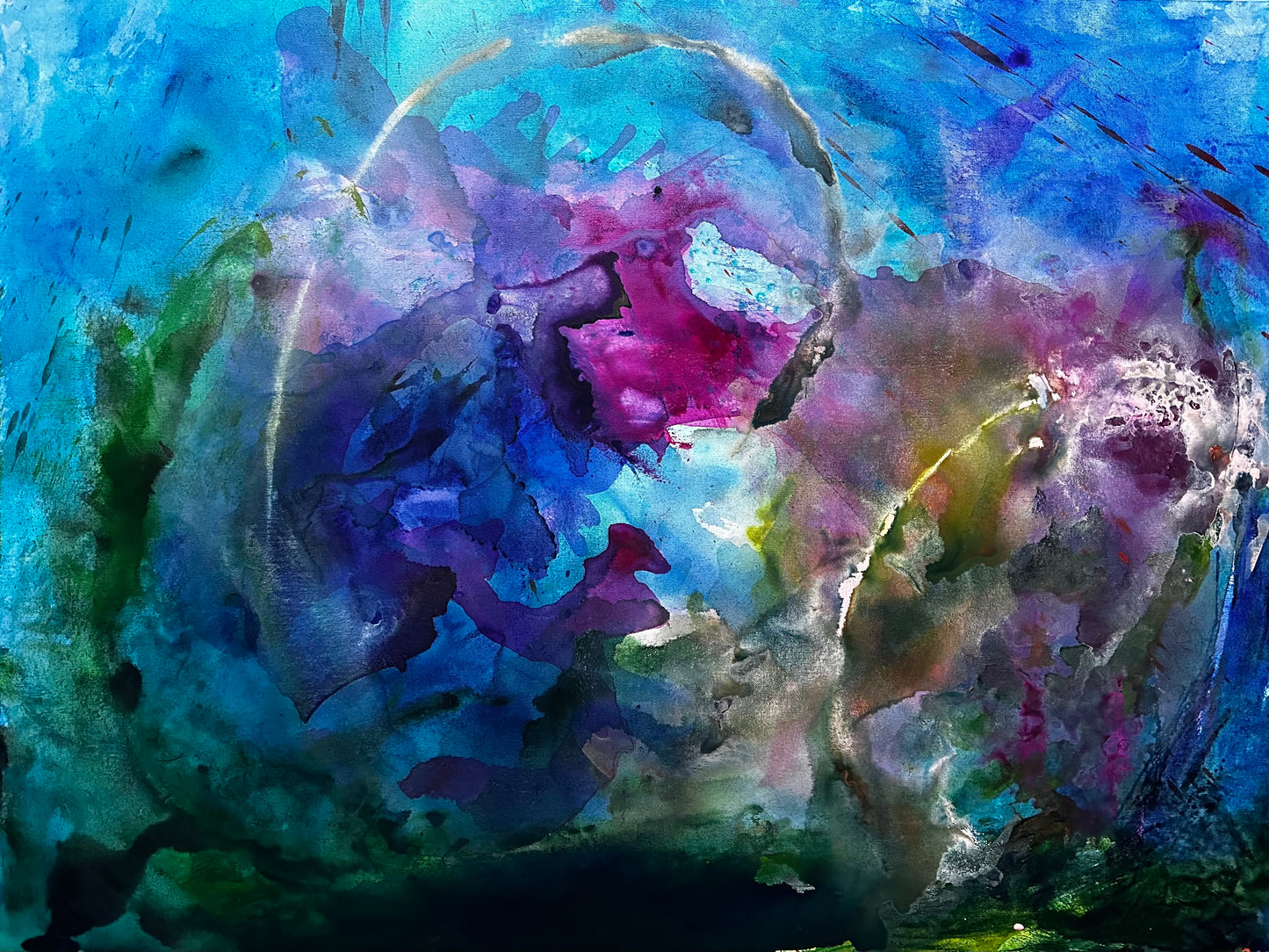 Abstract acrylic painting of a deep sea scene in blue and purple colors.