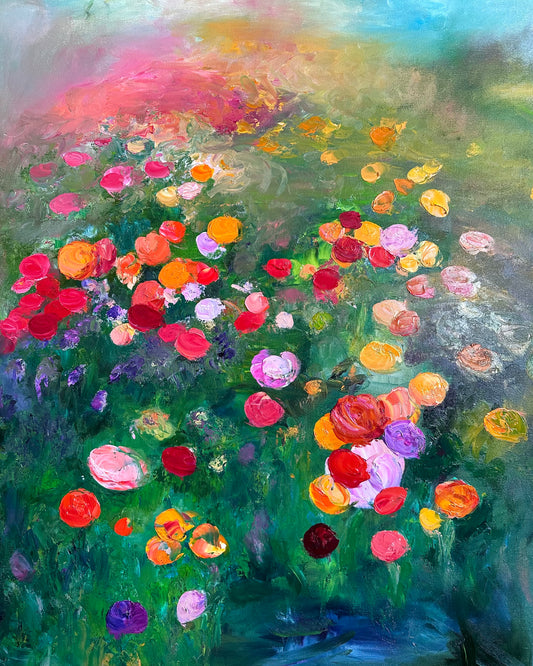Abstract impressionist painting of a wild flower field with pink and red flowers.