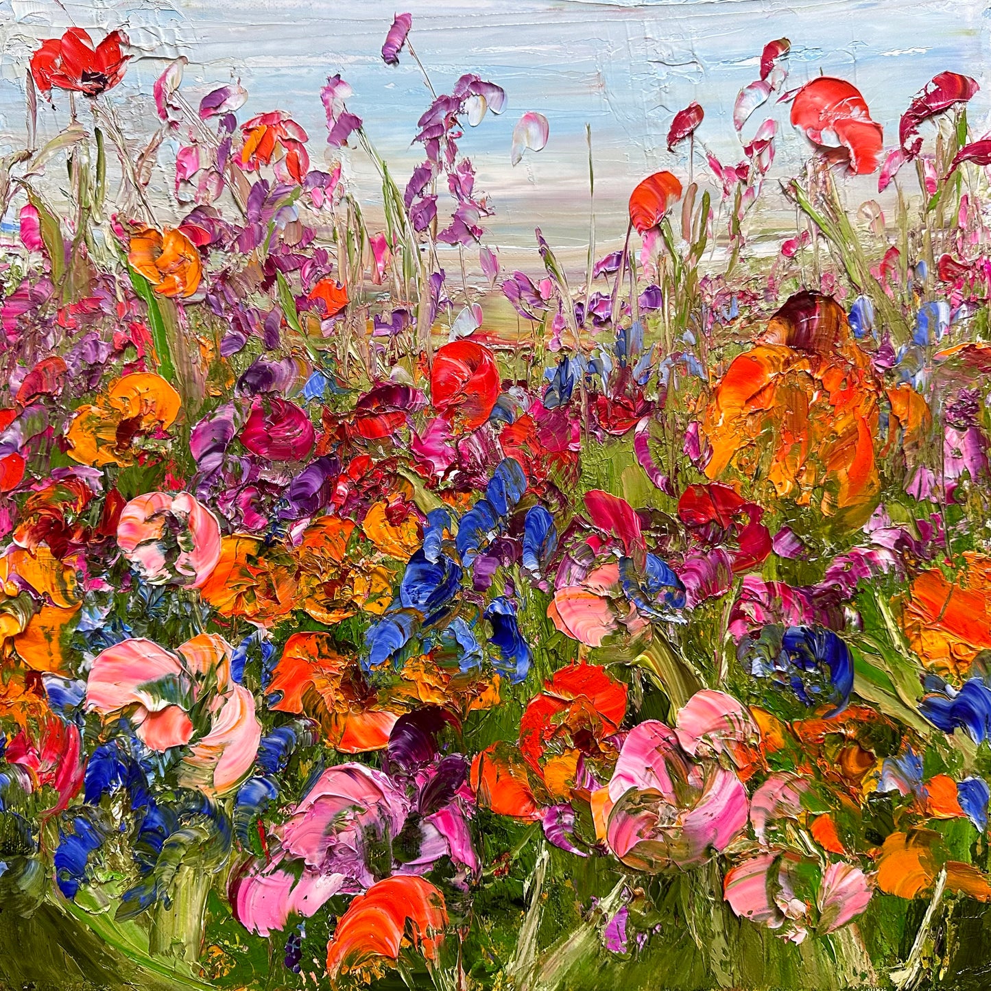 Abstract impressionist oil painting of wild flowers