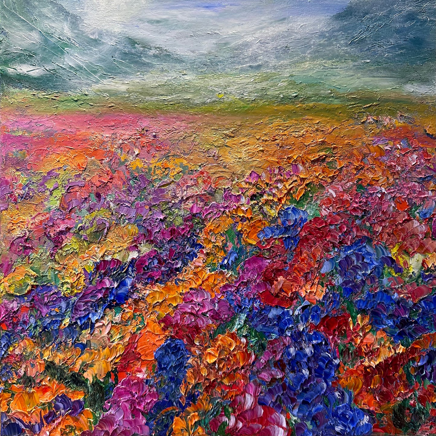 Oil Painting of a flower field in a storm.