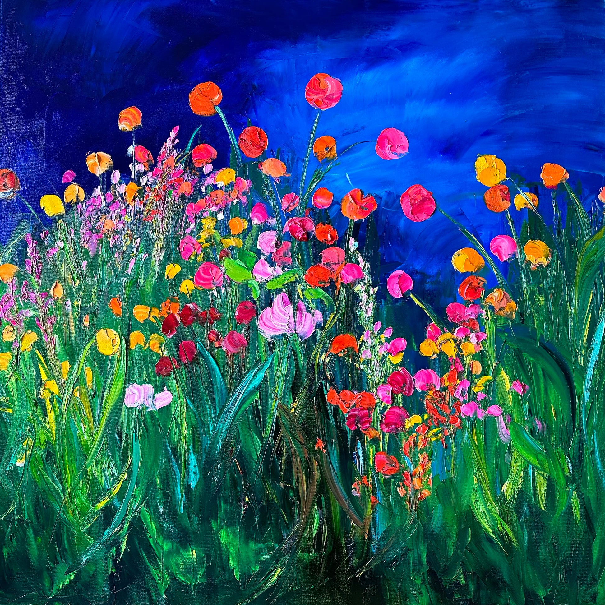 Oil painting of a flower field.