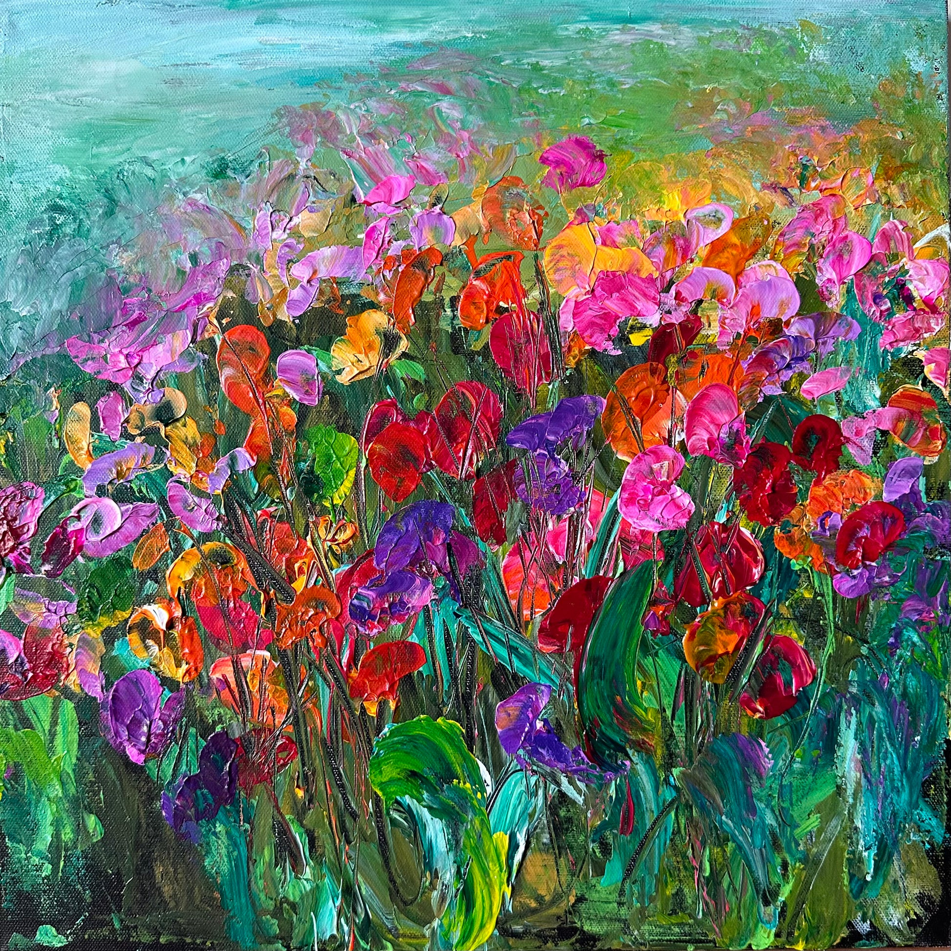 Abstract impressionist acrylic painting of wild flowers in purples, pinks and yellows created in Washington, DC Checa Art.