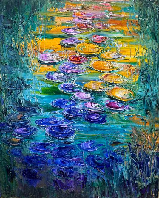 Abstract impressionist Claude Monet inspired oil painting in funky colors. 