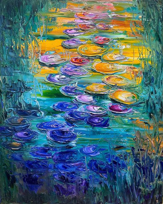 Abstract impressionist Claude Monet inspired oil painting in funky colors.