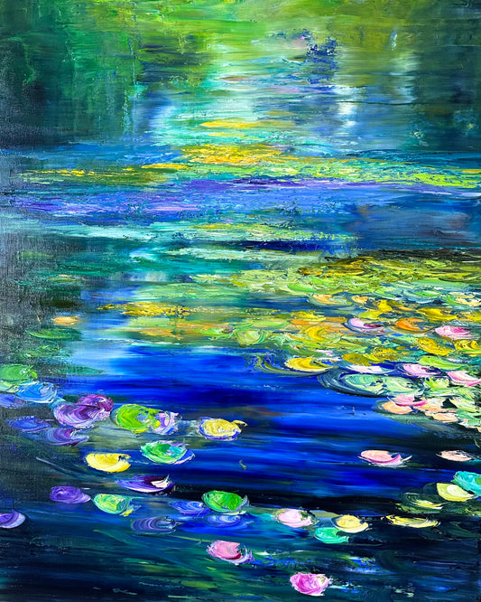 Abstract impressionist oil painting of Claude Monet inspired water lilies.