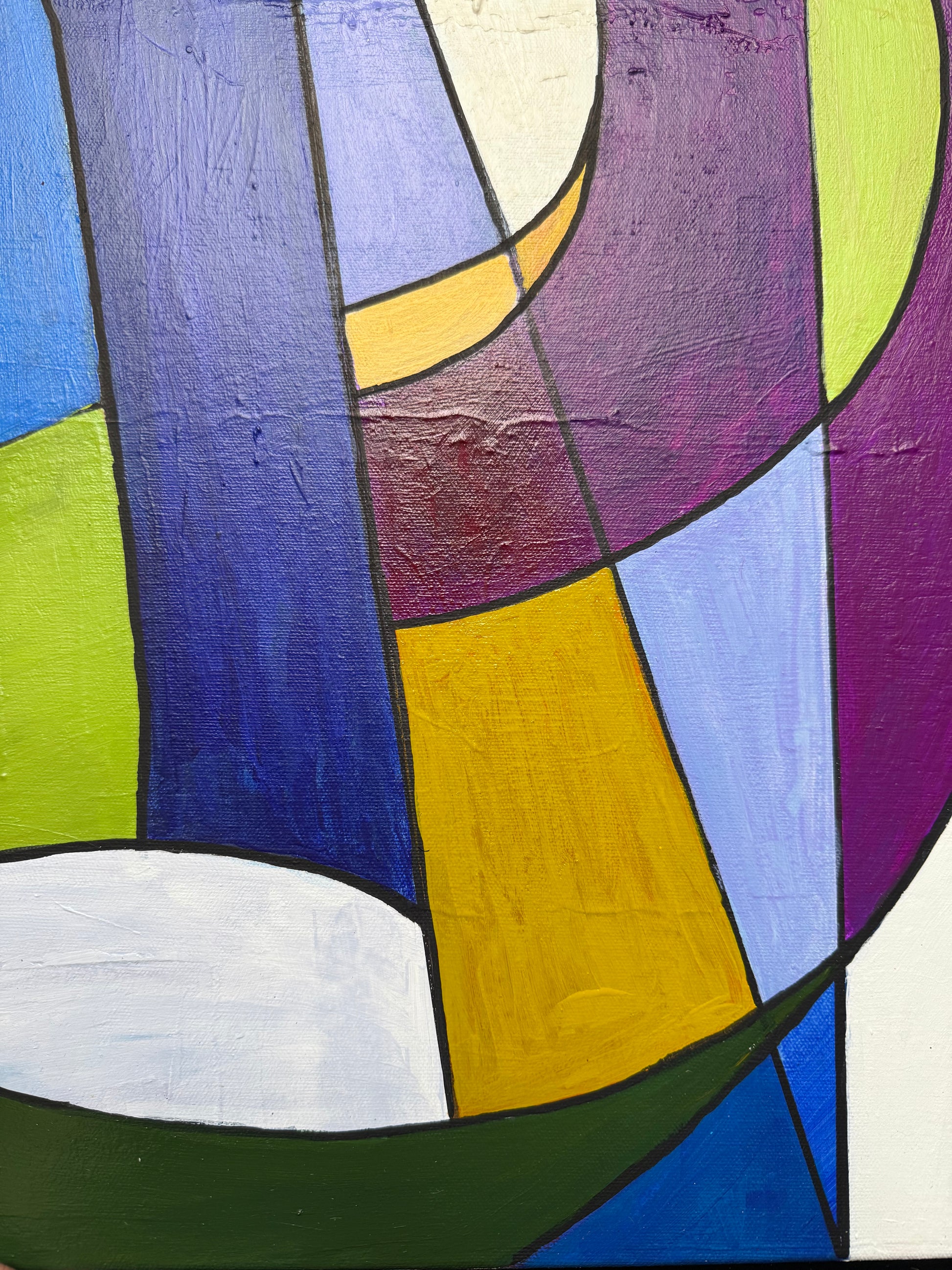 Abstract art piece with geometric shapes in purple, blue, yellow, and green on a white background.