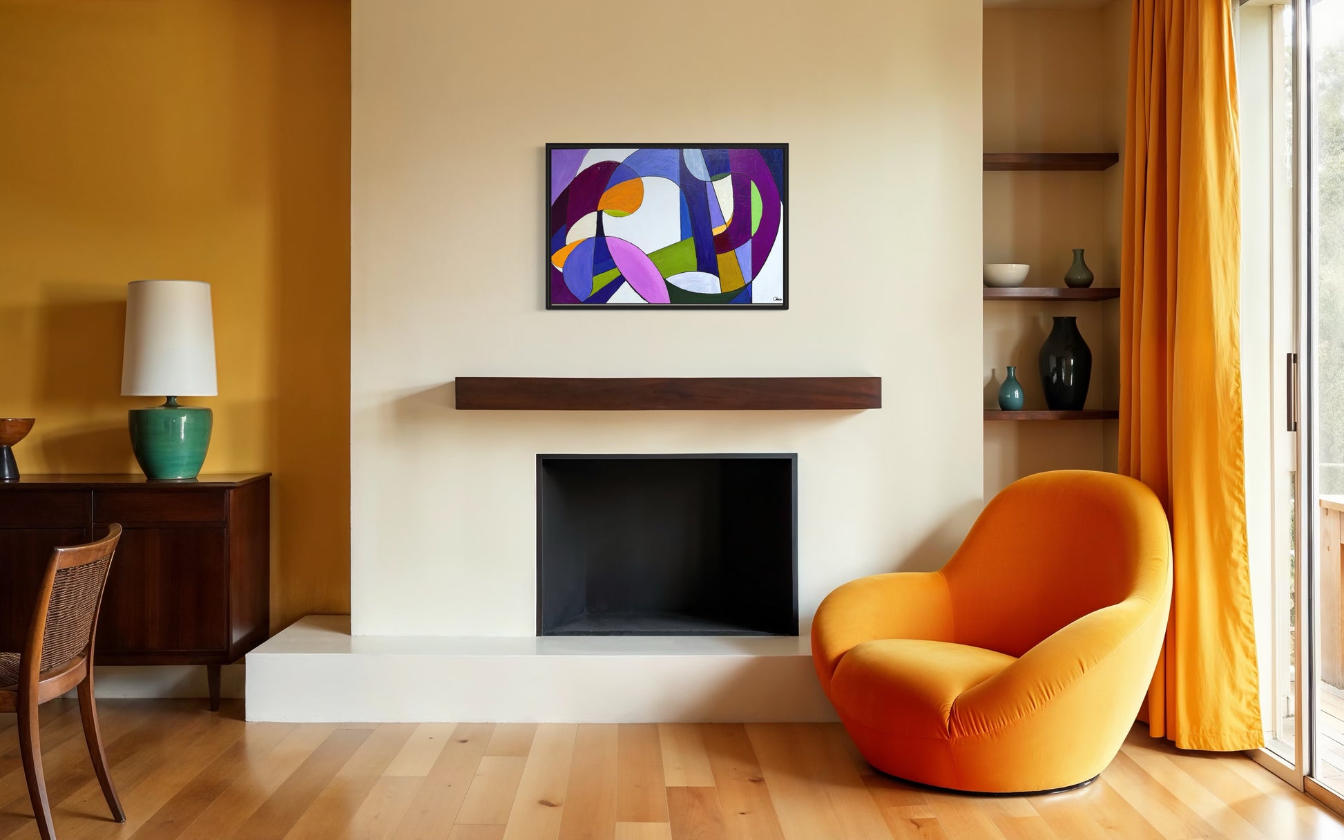 Modern living room with orange armchair, abstract painting, and fireplace.
