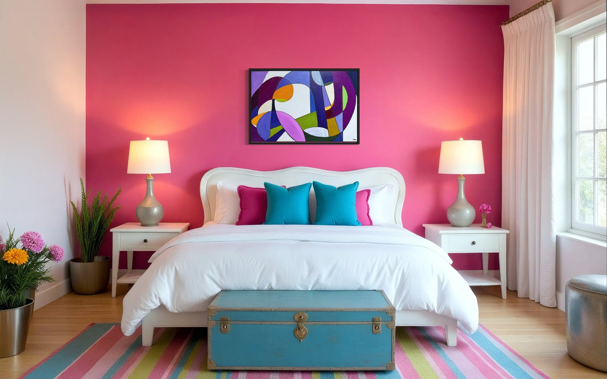 Colorful bedroom with pink wall, abstract art, and striped rug.