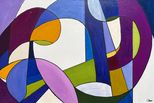 Abstract artwork with colorful geometric shapes on a white background