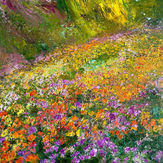 Abstract oil painting of California superbloom field of flowers in oranges, yellows and purples..