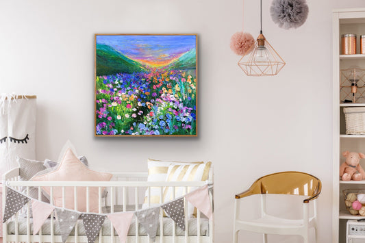 Impressionist landscape painting by Maria-Victoria Checa styled in a light-filled nursery.
