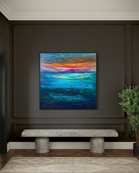 Sunset Dream abstract sunset painting by Maria-Victoria Checa displayed in a dramatic modern interior with dark walls.