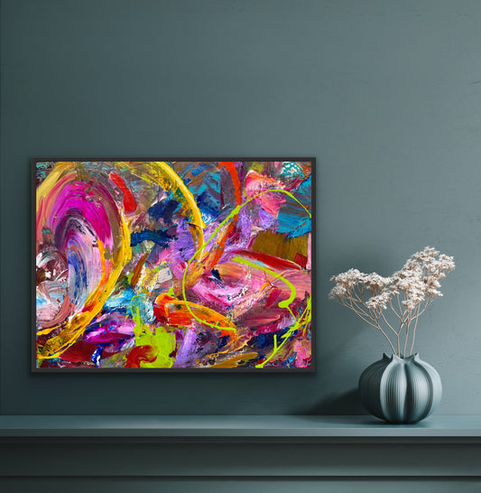 Atomic abstract painting in black frame on teal wall, colorful expressive art in modern interior by Maria-Victoria Checa