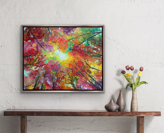 Welcome Fall! original oil painting in silver frame above wood console, vibrant autumn tree canopy painting by Maria-Victoria Checa