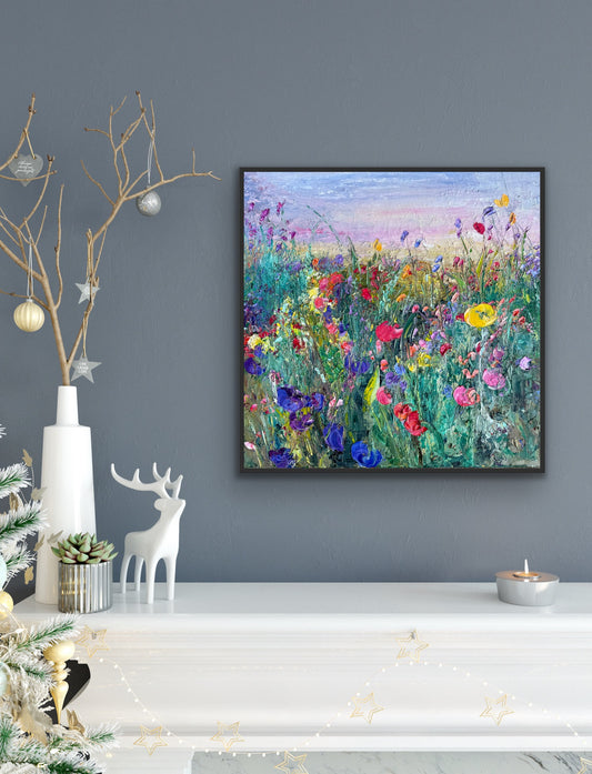 Framed impressionist landscape painting by Maria-Victoria Checa shown over a mantel.