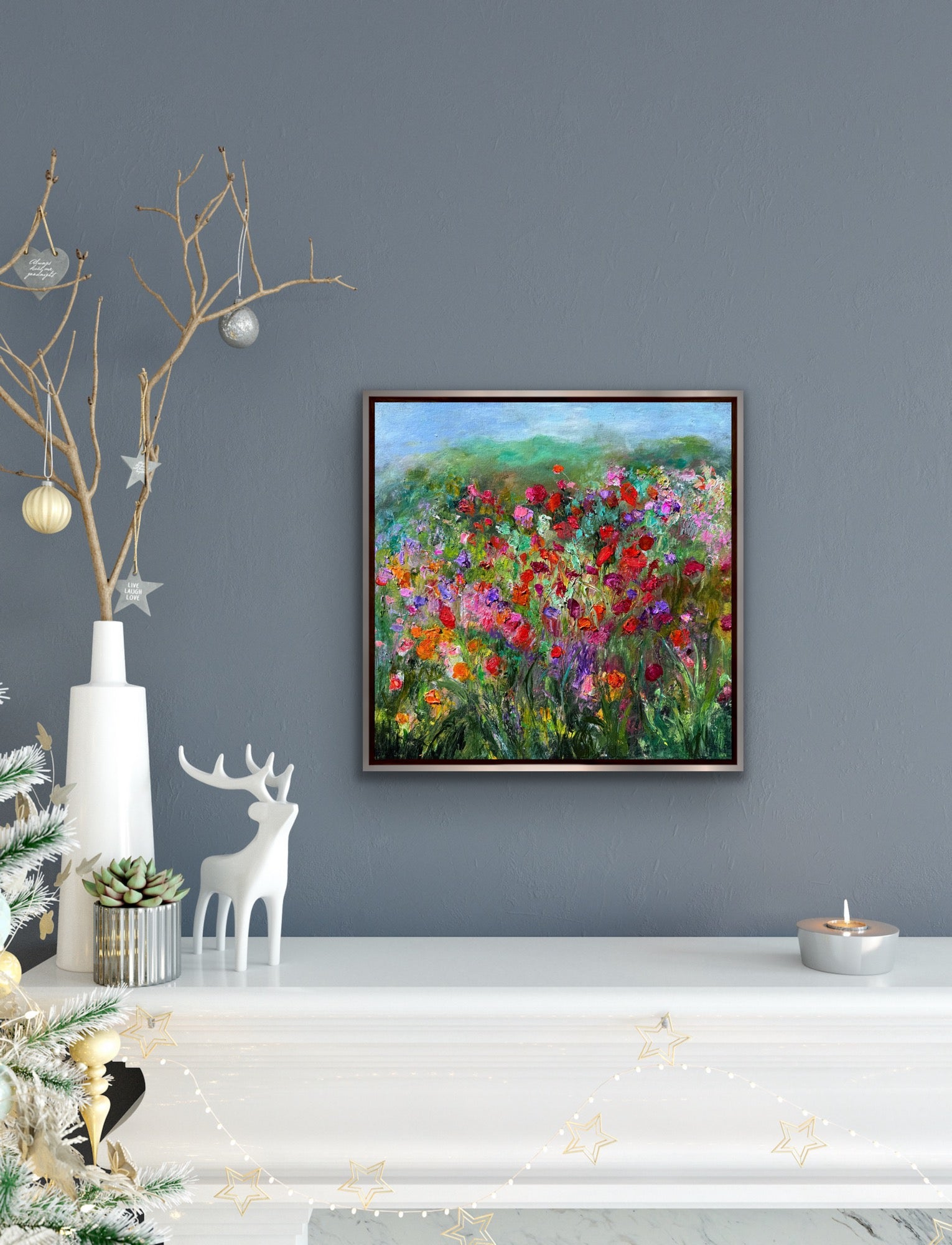 Impressionist landscape painting by Maria-Victoria Checa displayed above a mantel.
