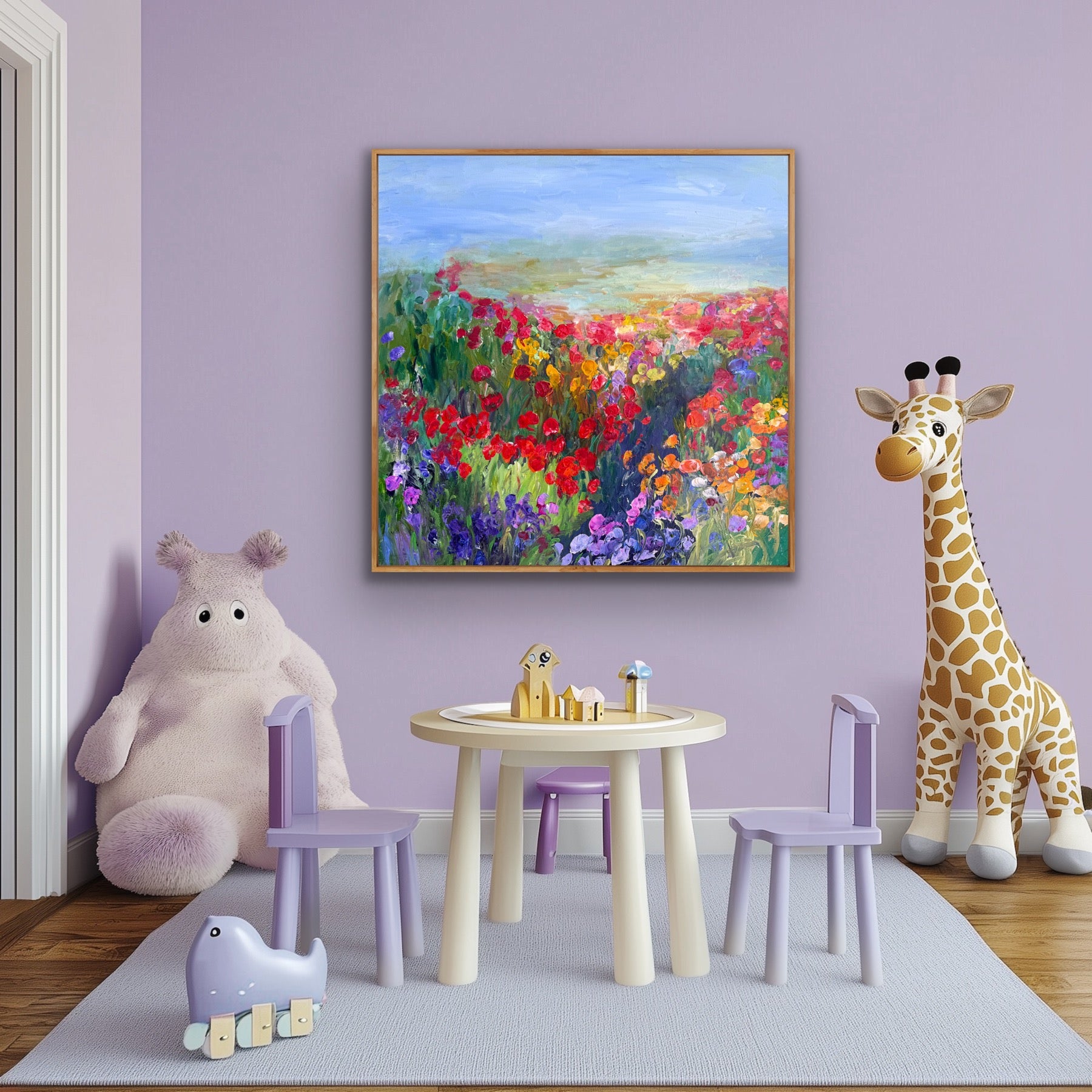 Framed impressionist landscape painting by Maria-Victoria Checa shown in a baby nursery with lavender walls.