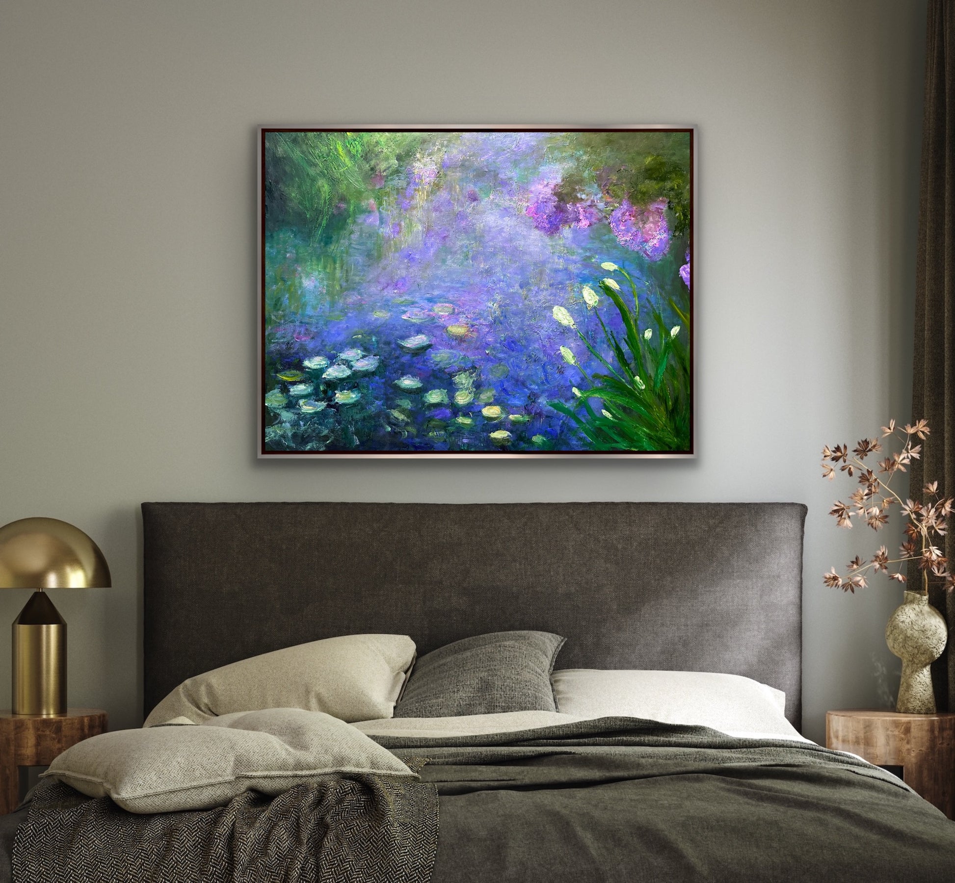 Monet-inspired abstract impressionist oil painting of a water lily scene in tones of lavenders, pinks and greens.