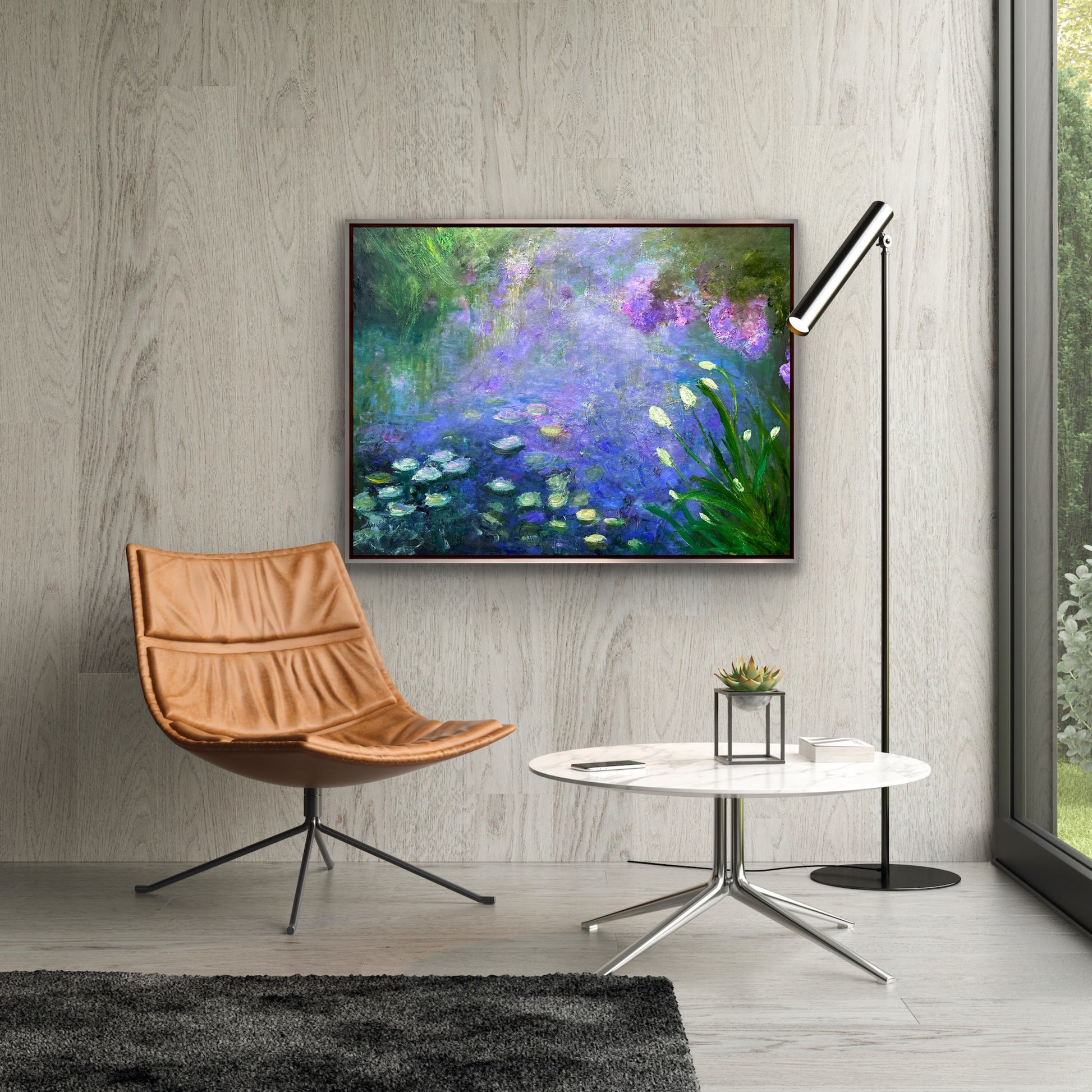 Monet-inspired abstract impressionist oil painting of a water lily scene in tones of lavenders, pinks and greens.
