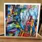 Multicolor Grid Abstract Greeting Card — 5×5 abstract palette knife painting with bold diagonal strokes in blue, red, yellow and orange, by Washington DC artist Maria-Victoria Checa