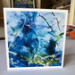 Blue Fluid Abstract Greeting Card — 5×5 abstract painting in deep cobalt blue with organic fluid forms and white line work, by Washington DC artist Maria-Victoria Checa