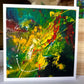 Green and Gold Abstract Greeting Card — 5×5 abstract painting with sweeping yellow and gold strokes over deep green with red paint spatters, by Washington DC artist Maria-Victoria Checa