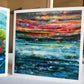 Abstract Sunset Greeting Card — 5×5 abstract painting of fiery pink and orange horizontal bands over deep teal blue, by Washington DC artist Maria-Victoria Checa