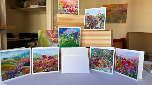 Greeting Card Set Box 5 — all seven impressionist flower field and prairie landscape greeting cards displayed, by Washington DC artist Maria-Victoria Checa