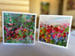 Two impressionist flower field greeting cards — lush garden in bloom and misty pastel flower field designs by Washington DC artist Maria-Victoria Checa