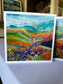 Mountain Meadow Greeting Card — 5×5 impressionist painting of a sweeping wildflower valley leading to blue mountain peaks, by Washington DC artist Maria-Victoria Checa