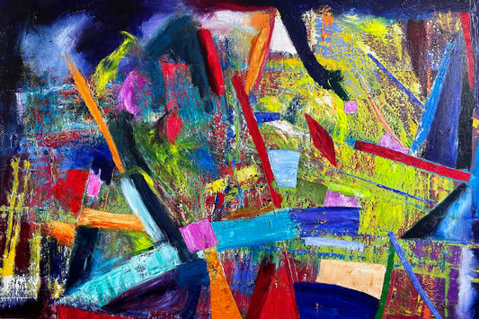 Abstract geometric oil painting using Gerhard Richter techniques with predominant tones of blues and details in magenta and orange