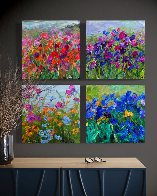 Set of four abstract impressionist acrylic paintings of wild flower fields 