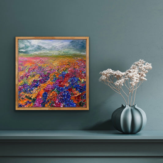 Thunder Storm Rolling Over a Flower Field, OIL, 14" X 14"