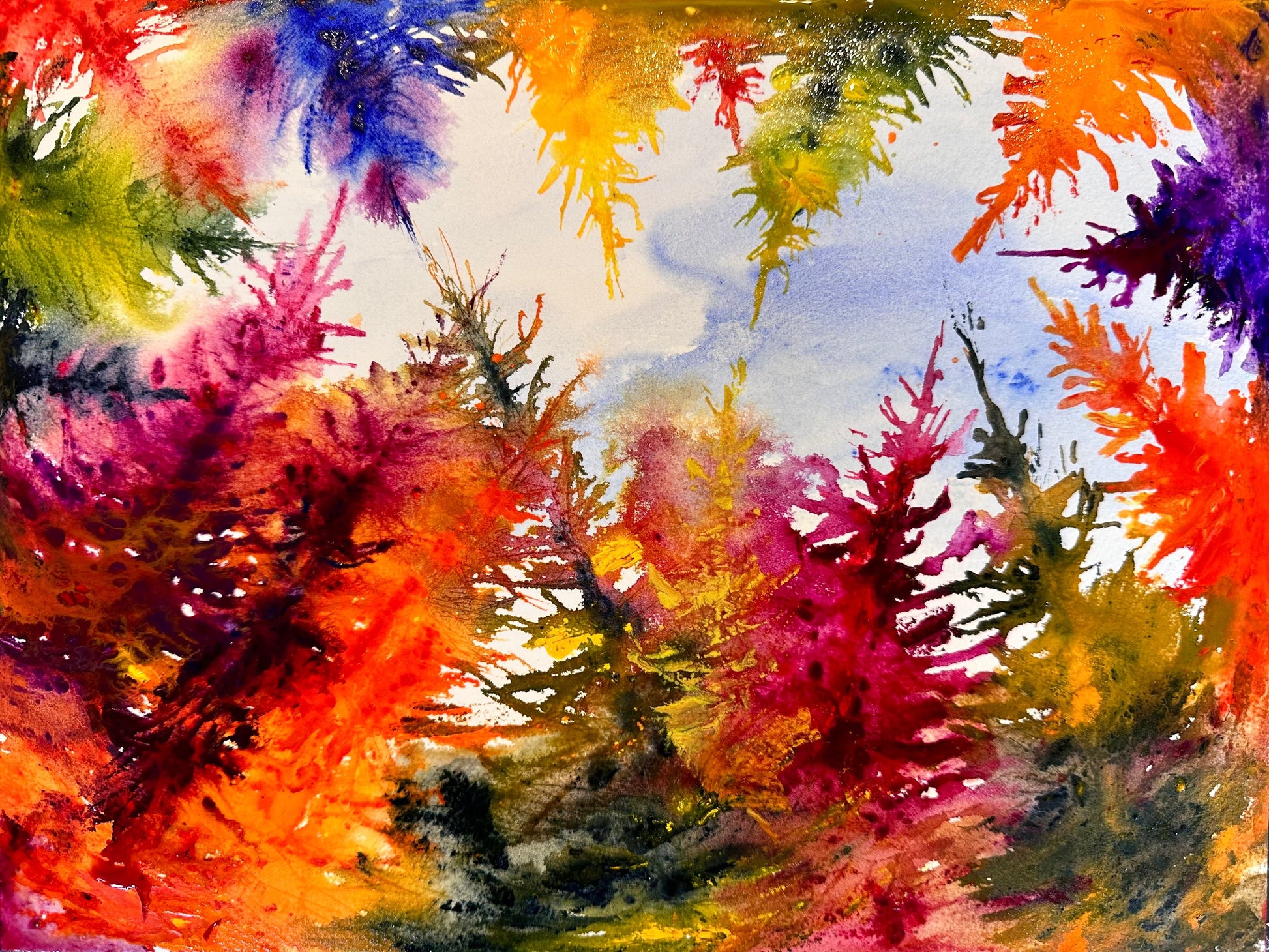 To The Sky And Beyond — original 9x12 watercolor painting of blazing magenta, orange, and cobalt branches reaching toward a periwinkle sky by Washington DC artist Maria-Victoria Checa