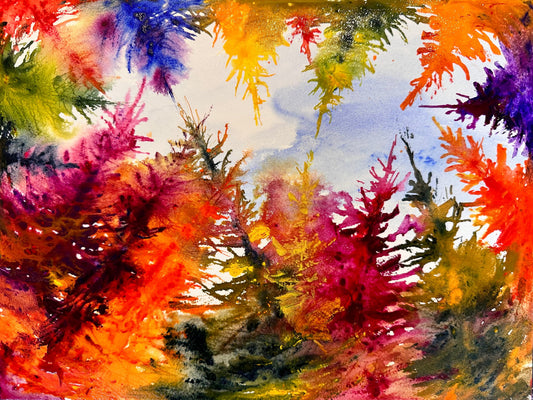 To The Sky And Beyond — original 9x12 watercolor painting of blazing magenta, orange, and cobalt branches reaching toward a periwinkle sky by Washington DC artist Maria-Victoria Checa