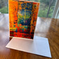 Vibrant orange and navy abstract painting greeting card with luminous vertical palette knife strokes — 5x7 art card by Maria-Victoria Checa