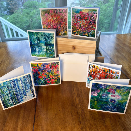 Greeting Card Set of 7 — impressionist landscape and abstract art greeting cards displayed around a wood keepsake box, by Washington DC artist Maria-Victoria Checa