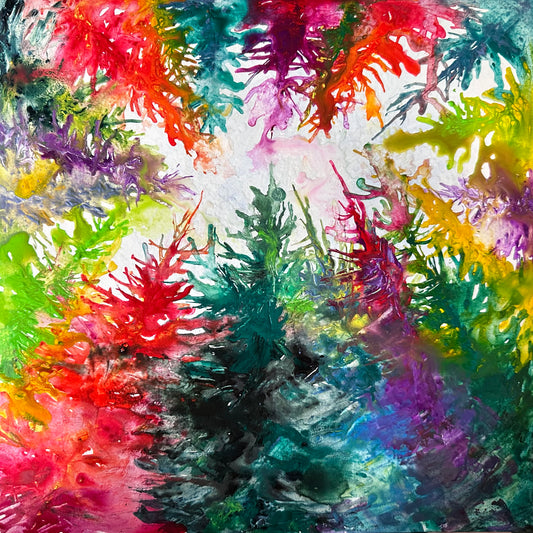 Original 12" x 12" watercolor painting on Arches paper by Washington DC artist Maria-Victoria Checa, The Sky Is The Limit is An explosion of rainbow color through expressive branches.
