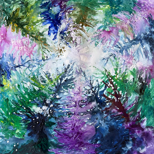 )riginal 12x12 watercolor painting Let It Snow of swirling winter pines in blue, green, and violet by Washington DC artist Maria-Victoria Checa