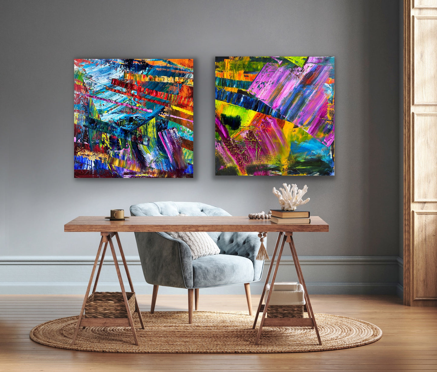 Two colorful and geometric Gerhard Richter inspired oil paintings shown in a room.
