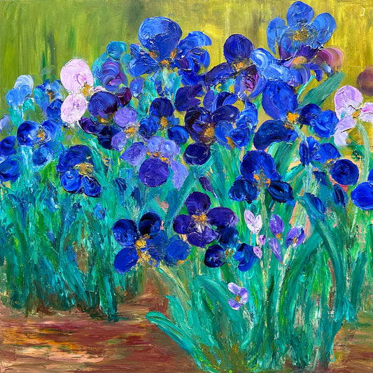 Van Gogh inspired abstract impressionist oil painting of lively irises in tones of purples, blues and pinks.