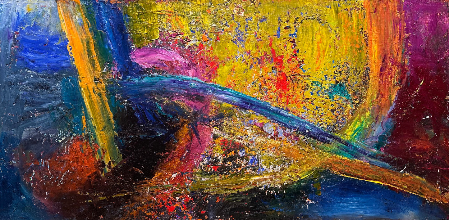 Abstract expressionist oil painting of many colors.